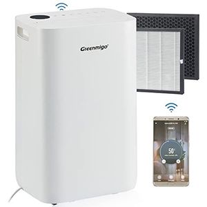 Greenmigo 25L/dag Pro WIFI Luchtontvochtiger en Luchtreiniger met HEPA Filter,Ionisator,Timerfunctie,Slaapstand,Ontvochtiging van ruimtes 70㎡,4.5L Tank,Doorlopende Afvoer,Tegen Vocht en Condensvorming