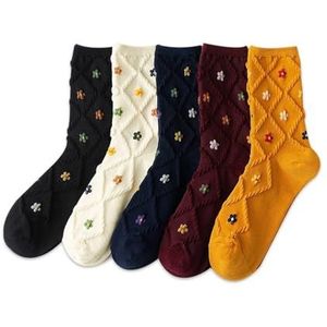 YIJIANUO 5 paar halfhoge sokken voor dames, kleine bloemen, kleurblokkering, Japanse ins mode, meisjes, lente, herfst, dunne lange sokken, 5 paar mix, One size