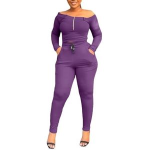 Casual Tweedelige Damesoutfits, Sexy Off Shoulder Tops Met Lange Mouwen En Bodycon Lange Broeksets Met Zakken Sweatsuit (Color : Purple, Size : L)