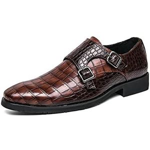 Oxford schoenen for heren, instapper met dubbele monniksriem, geruit PU-leer, lage rubberen zool, blokhak, wandelen (Color : Brown, Size : 40 EU)