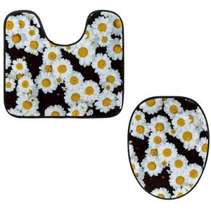 VAPOKF 2 stuks voetstuk badkamertapijten set, U-vormige contourmat en wc-dekselhoes, zachte antislip flanellen badkamille-hoes - bloemen kamille madeliefje
