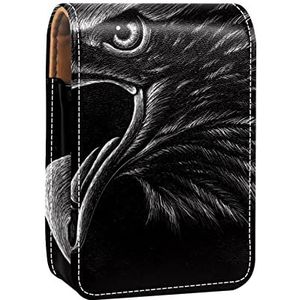Draagbare Lipstick Case voor op reis, Mini Lipstick Opbergdoos met spiegel voor vrouwen dames, Lederen Cosmetische Pouch Zwart Boos Noord-Amerikaanse Kale Hawk, Meerkleurig, 9.5x2x7 cm/3.7x0.8x2.7 in