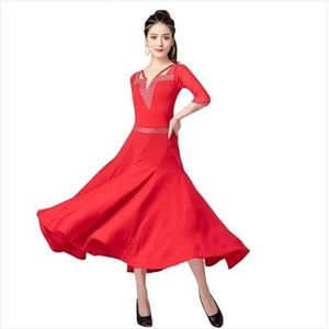 Yhsgscr Ballroom trainingsoutfit Nationale standaard dansjurk Tangokleding met middellange mouwen voor dames Elastisch ademend Strass banquet danskleding,Rood,L