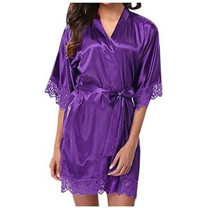 KOUYA Ochtendjas satijn dames badjas met kant een nachthemd sensuele doorschijnende badjas met een mooie snit met zak, lila, M