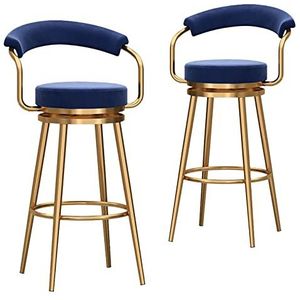 FZDZ Draaibare barkrukken set van 2 met rug metalen hoge kruk hoge stoel voor binnen buiten pub keuken, hoogte 75 cm, fluwelen zitting, metalen frame (kleur: blauw, maat: gouden poten)