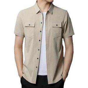 Mannen Korte Mouw Shirt Mannelijke Zomer Mode Koreaanse Straat Casual Losse Effen Pocket Knop Shirt Tops, Kaki, L