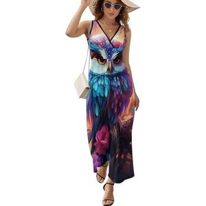 Bloemen Uil Vrouwen Mouwloze Jurk V-hals Maxi Tank Jurk Strand Zonnejurk 2XL