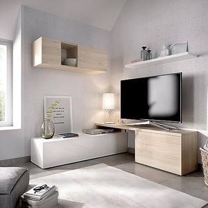 DMORA Baker, modulaire woonkamerset, hoekkast, tv-meubel, 201 x 41 x 180 cm, wit en eiken