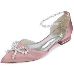 Dames Klassieke Puntige Neus Bruiloft Platte Satijnen Sandalen Parels Enkelbandje Lage Hak Prom Party Dress Schoenen,Roze,36 EU