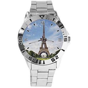 Eiffeltoren Blue Sky Fashion Womens Polshorloges Sport Horloge voor Mannen Casual Rvs Band Analoge Quartz Polshorloge