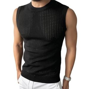 GKEIOSHQIL Heren Gebreide Tanktops Hollow Out Casual Mouwloze Zomer Strand Spier Vest Effen Kleur Pullover,zwart,3XL
