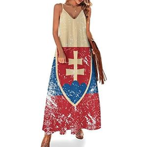 Retro Slowakije vlag dames zomer maxi-jurk V-hals mouwloze spaghettiband lange jurk