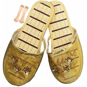 Chinese Mesh Slippers Voor Vrouwen, Vrouwen Bloemen Ademende Mesh Chinese Sandaal Slippers Met Sokken (Color : Gold, Size : 40 EU)
