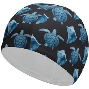 Blue Sea Turtles Conch Shell Comfortabele Zwemmen Cap Vrouwen En Mannen Klassieke Zwemmen Hoed voor Lang En Kort Haar