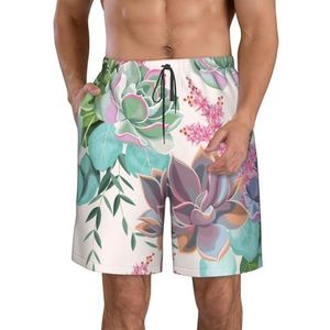 PHTZEZFC Kleurrijke succulente print heren strandshorts zomer shorts met sneldrogende technologie, lichtgewicht en casual, Wit, XL