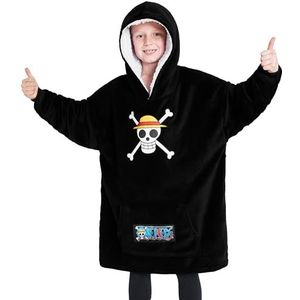One Piece Plaid trui voor kinderen, oversized fleece sweatshirt, poncho-plaid, cadeau, anime, manga, kinderen, jongeren, eenheidsmaat, Zwart, Eén maat
