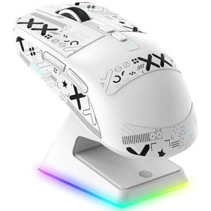 VGN GAMEPOWER SUPERLIGHT X6 Draadloze gamingmuis, oplaadstation, 49 g, ultralicht, gaming-muis, 26000 dpi, sensor PixArt 3395, 2,4 G/bedraad/Bluetooth, batterij 200 uur, Mouse Grip Tape, wit