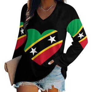 Love Saint Kitts And Nevis casual T-shirts met lange mouwen voor dames V-hals bedrukte grafische blouses T-shirt tops S
