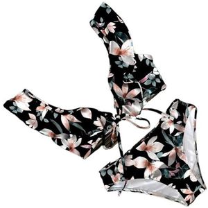 Bikiniset voor dames, hoge taille, bandage, bikiniset voor dames, bloemenprint, ruches, push-up strappy badmode, badpak, Pr18124d1, L