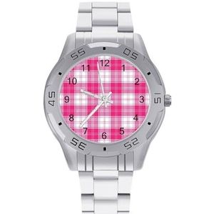 Roze En Wit Tartan Plaid Mannen Zakelijke Horloges Legering Analoge Quartz Horloge Mode Horloges