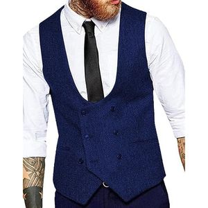 Dvbfufv Heren Kostuum Vest U-hals Wol Chevrons Tweed Vest Jas Silm Fit Casual Formele Bruiloft Vesten Royal Blue L