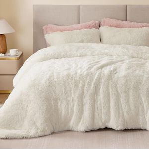 Sacebeleu Pluche beddengoedset, 200 x 200 cm, wit-crème, warm, winter, wollig, flanel, dekbedovertrek voor meisjes, dekbedovertrek met ritssluiting en 2 kussenslopen van 80 x 80 cm, tweepersoonsbed