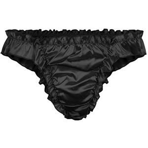 Satini Satijn Ruffel Lage taille Sissy String Tanga Knickers Broekje Satijnen broekjes Ondergoed (Zwart, L)