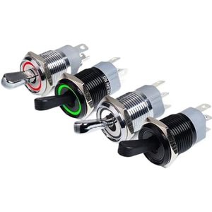 Metalen tuimelschakelaar 16 mm, LED-licht, zelfblokkerend, 2 posities, aan/uit, microknop, 1NO, 1NC, 15A, 12V, 220V, 3-pins/5-polig, 10 stuks (met gele led, zwart SHELL_3-6V)