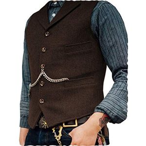 Ceehuteey Heren pak vest tweed retro V-hals wol visgraat voor prom, Koffie, M