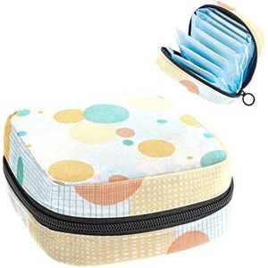 Maandverband Opbergtas,Draagbare maandverband Opbergzak,Geel blauw ronde cirkels patroon, Meerkleurig, 4.7x6.6x6.6 in/12x17x17 cm