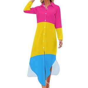 Pansexual Pride Flag Maxi-jurk voor dames, lange mouwen, knoopsluiting, casual feestjurk, lange jurk, L