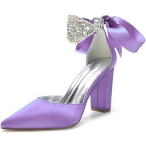 HFWXYSA Dames Puntige Neus Bruids Pumps Chunky Blok Hoge Hakken Jurk Feest Trouwschoenen Strass Enkelbandje Hof Schoenen,Light purple,36 EU