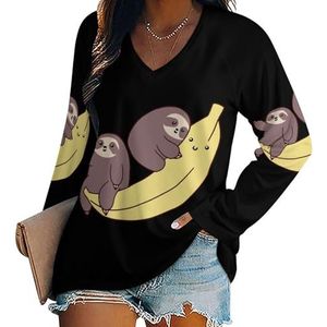 Luiaards en gigantische banaan dames T-shirts met lange mouwen en V-hals herfst tops pullover tuniek T-shirt voor leggings