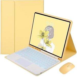 Toetsenbordhoes voor iPad 9,7 inch 6e 2018, 5e Gen. 2017, Air 2 2014, 7-Kleuren Achtergrondverlichting, Magnetisch Afneembaar Draadloos Toetsenbord met S-Penhouder,Geel