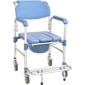 Toiletstoel met wieltjes, douchestoel met toilet voor senioren, verrijdbare toiletrolstoel met armleuning, rugleuning en toiletemmer, tot 150 kg, douchestoel met wielen voor gehandicapten