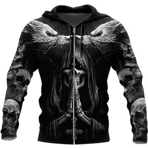 Viking Fenrir Wolf Skull Sweatshirt, 3D-geprinte Nieuwigheid Hiphop Casual Paar Casual Losse Zwarte Pullover Hoodie, Fall Fashion Unisex Straatjasje(Color:Zip Hoodie,Size:M)