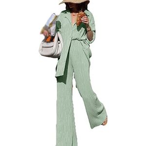 Sets for dames Elegante 2-delige outfitset Revers Lange mouw button-down shirt Hoge taille Lange broek Loungewear Streetwearpakken Trainingspakken (Color : Light green, Size : XXL)