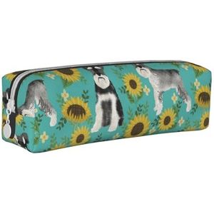 YWSOTRE Schnauzer Zonnebloemen Lente Zomer Bloemen Hond Ras Hond, Potlood Pouch Pen Case Draagbare Lederen Potlood Tas met Rits Cosmetische Pouch Tas, zoals afgebeeld, Eén maat, Tas Organizer