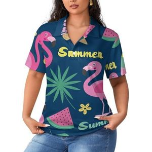 Tropical Leaf Flamingo Ice Cream Dames Sportshirt Korte Mouw Tee Golf Shirts Tops Met Knopen Workout Blouses