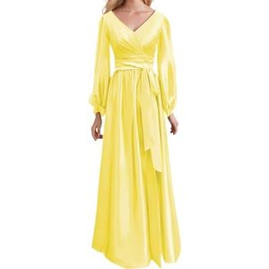 Prinses Bruidsmeisje Jurken Lange Mouw Galajurken V-hals Satijn Formele Avondfeest Maxi Jurk ZM200, Geel, 32