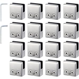 Proster Roestvrijstalen glashouders, klemhouders, 9-10 mm, glasklemmen, 16 stuks, maat M, roestvrij staal, 304, glazen klemmen, verstelbare glashouder, platte achterkant voor palen, leuningen,