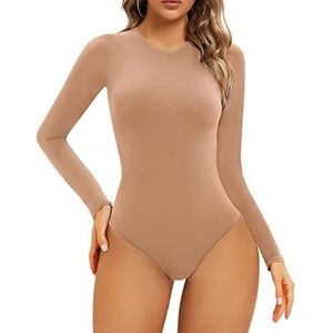 SHAPERX nauwsluitende bodysuit voor dames met lange mouwen/korte mouwen en hoge stretch, turnpakje met string en ronde hals,, Sienna, L