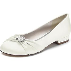 Trouwjurk Schoenen voor Vrouwen Ronde Neus Bruids Flats Satijn Ballet Flats Slip On Avond Prom Party Pumps,ivoor,36 EU
