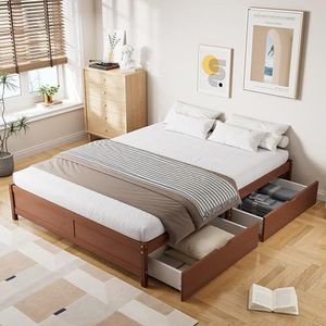 boorbin Kinderbed, platte bedden, houten bedden, vintage houtkleuren, twee laden met wieltjes, groeiend en volwassenen, frame van grenen, stabiele lattenbodem, grenen + MDF, roodbruin (140 x 200 cm)