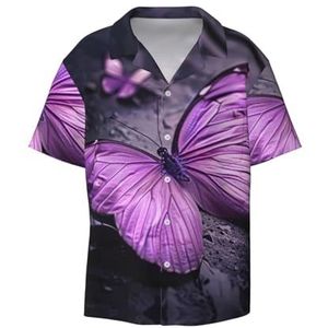 OdDdot Paarse vlinderprint heren button down shirt korte mouw casual shirt voor mannen zomer business casual overhemd, Zwart, XL