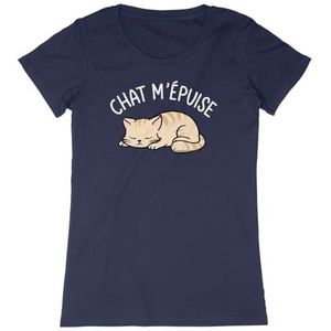 Cat m'épuise T-shirt voor dames, bedrukt in Frankrijk, 100% biologisch katoen, cadeau voor verjaardagsdieren, origineel grappig, Marineblauw, S
