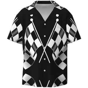 EdWal Zwart Wit Formule Geruite Vlaggen Patroon Print Heren Korte Mouw Button Down Shirts Casual Losse Fit Zomer Strand Shirts Heren Overhemden, Zwart, XL