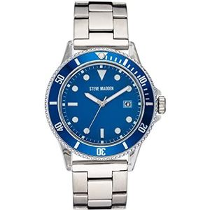 Steve Madden Unisex datum functie armband horloge, Zilver/Blauw, armband