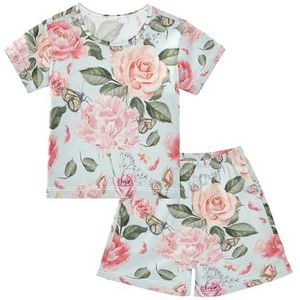YOUJUNER Kinderpyjama set retro bloem roos korte mouw T-shirt zomer nachtkleding pyjama lounge wear nachtkleding voor jongens meisjes kinderen, Meerkleurig, 14 jaar