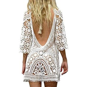 Sexy bikini cover-up voor dames, boho, blote rug, kant, strandponcho, zomerjurk, wit - 1, One size